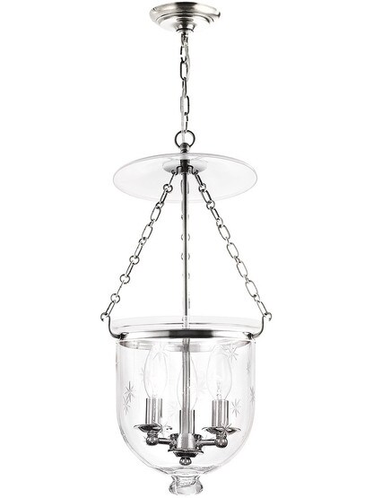 Hampton Large Bell Jar Hall Pendant With Etched Star Pattern In Polished Nickel.